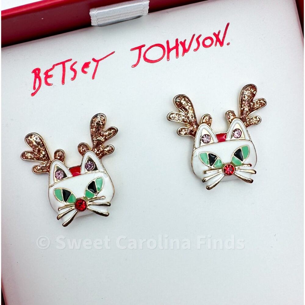Betsey Johnson Christmas Cat Reindeer Earrings Teacher Gift White Enamel NEW - Picture 2 of 4